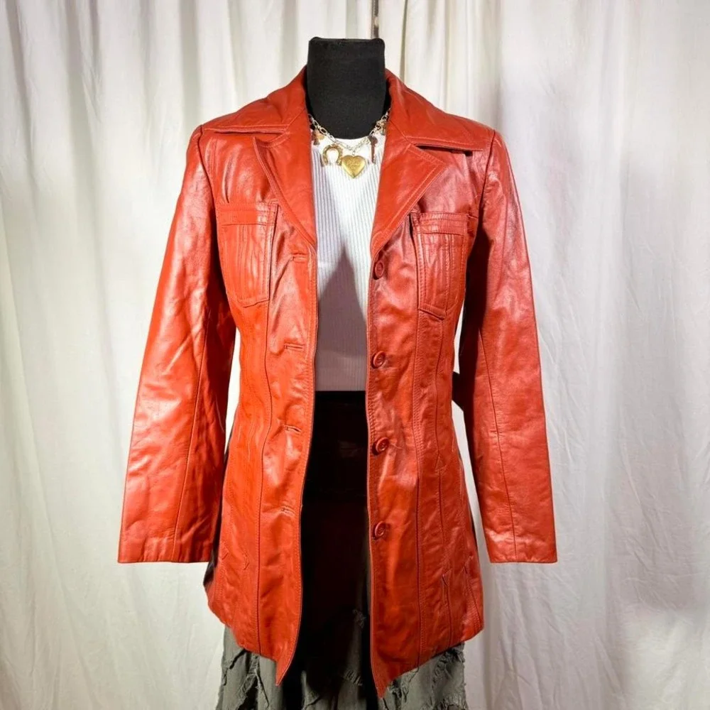 Vintage 70s Rust Faux-Leather Belted Trench Coat – Women's S/M - Picture 1 of 8